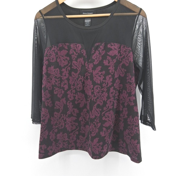 Ashley Stewart Plus Size Floral‎ Mesh Top Blouse Black Purple 14/16 - Picture 1 of 11